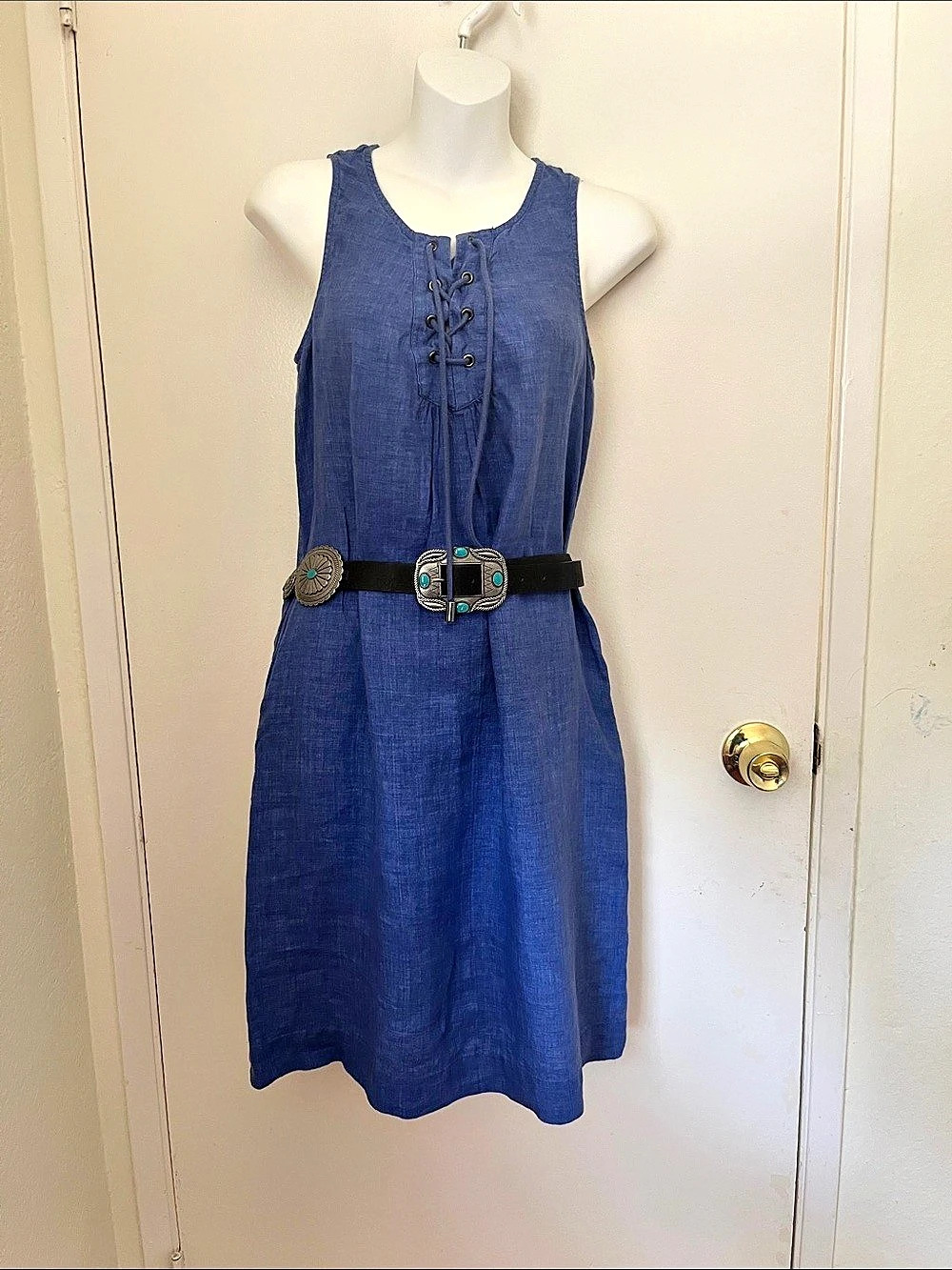 Boden Linen Mini Dress in Blue Size Large